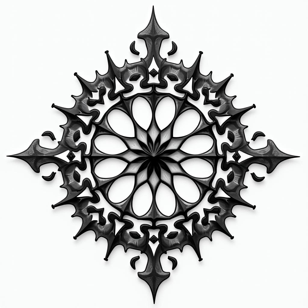 Broken clock in geometric style tattoo, blending hexagons, mandala-inspired patterns, symmetrical and fractal design, clean lines, sharp angles