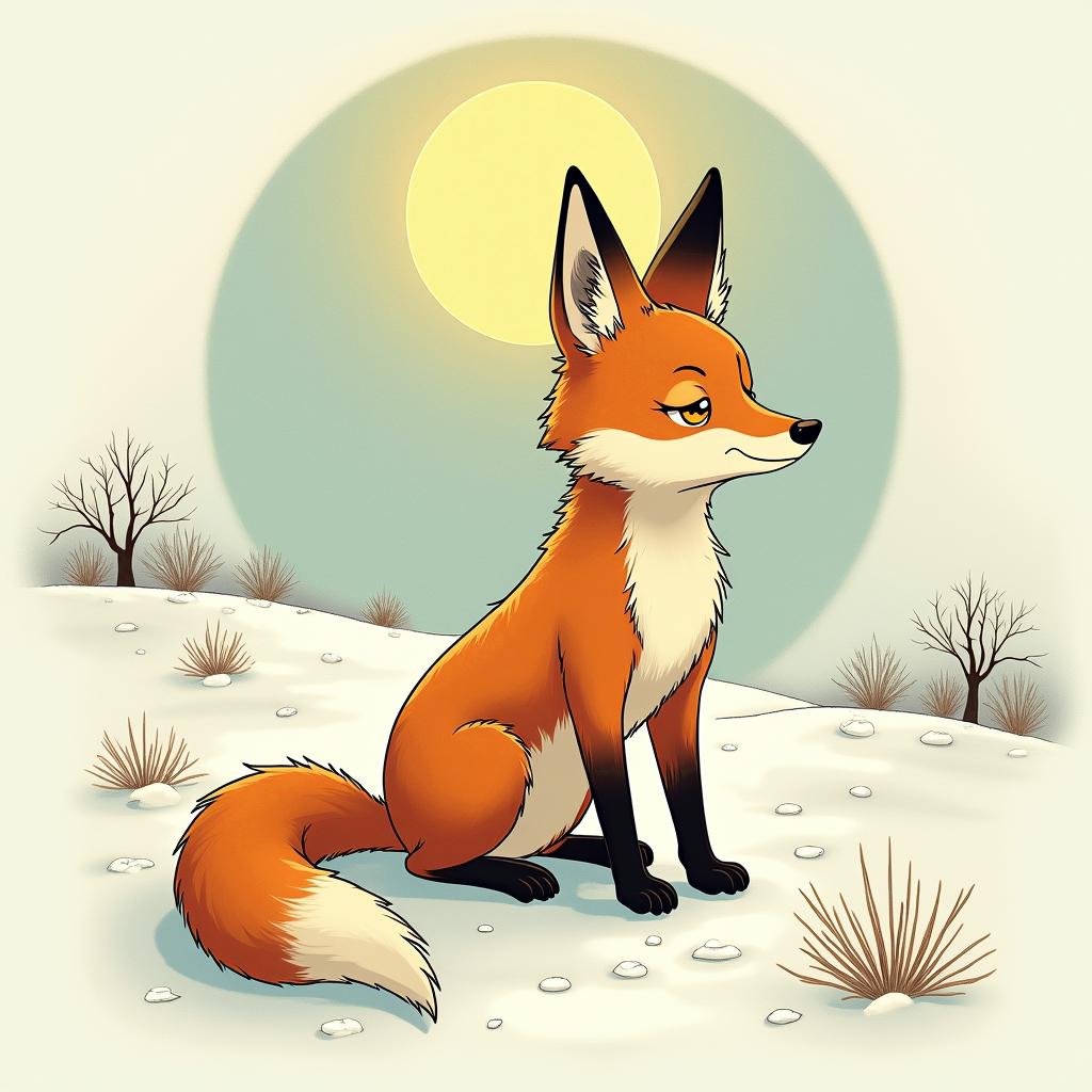 A fox in a snowy landscape under the full moon. In its eyes, there are the constellations of Capricorn and Sagittarius.Ghibli, Studio Ghibli aesthetic, hand-drawn anime style, retro nostalgic atmosphere, retro soft pastel color palette with earthy tones, retro Japanese cinematic shot, yellow tint effect, bald character, smooth surface, anime shadow 90's anime style - Variation 3