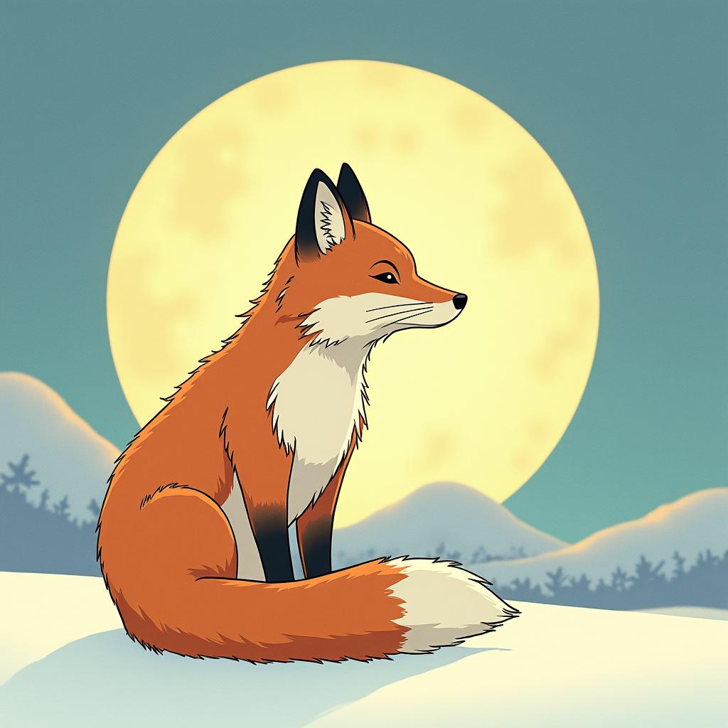 A fox in a snowy landscape under the full moon. In its eyes, there are the constellations of Capricorn and Sagittarius.Ghibli, Studio Ghibli aesthetic, hand-drawn anime style, retro nostalgic atmosphere, retro soft pastel color palette with earthy tones, retro Japanese cinematic shot, yellow tint effect, bald character, smooth surface, anime shadow 90's anime style