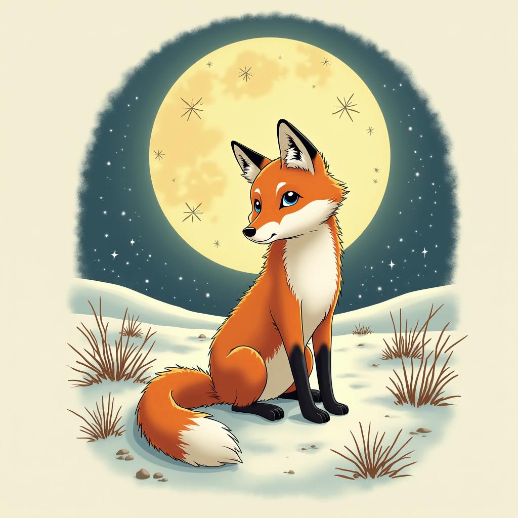 A fox in a snowy landscape under the full moon. In its eyes, there are the constellations of Capricorn and Sagittarius.Ghibli, Studio Ghibli aesthetic, hand-drawn anime style, retro nostalgic atmosphere, retro soft pastel color palette with earthy tones, retro Japanese cinematic shot, yellow tint effect, bald character, smooth surface, anime shadow 90's anime style - Variation 4