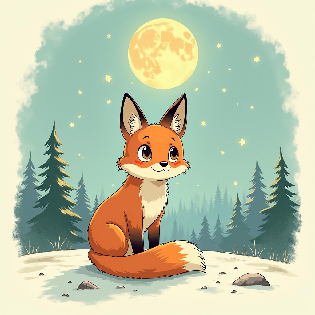 A fox in a snowy landscape under the full moon. In its eyes, there are the constellations of Capricorn and Sagittarius.Ghibli, Studio Ghibli aesthetic, hand-drawn anime style, retro nostalgic atmosphere, retro soft pastel color palette with earthy tones, retro Japanese cinematic shot, yellow tint effect, bald character, smooth surface, anime shadow 90's anime style - Variation 2