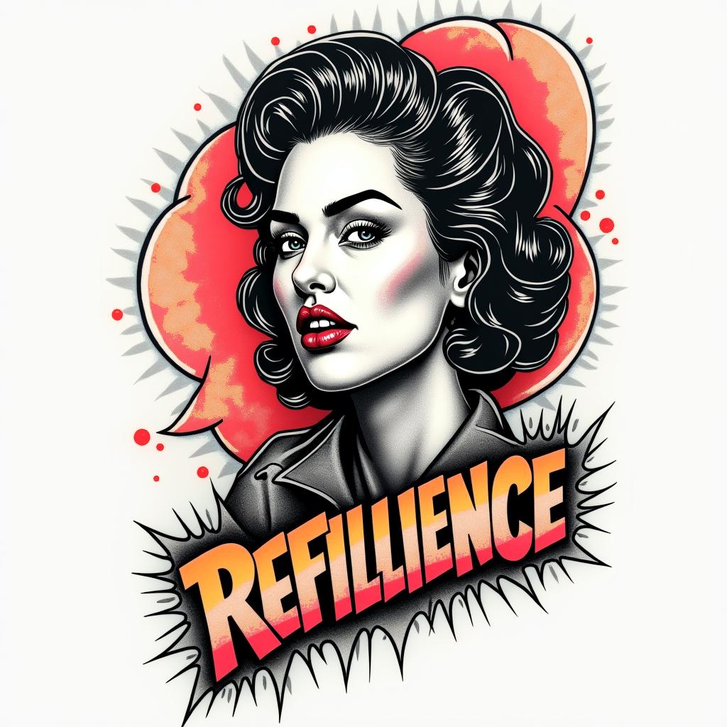 Resiliencein pop art style tattoo, featuring bold and vibrant colors, exaggerated outlines, iconic imagery, inspired by comic books and speech bubbles, comic book characters, retro pop culture - Variation 2