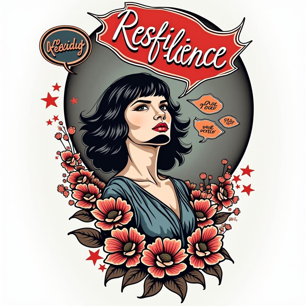 Resiliencein pop art style tattoo, featuring bold and vibrant colors, exaggerated outlines, iconic imagery, inspired by comic books and speech bubbles, comic book characters, retro pop culture