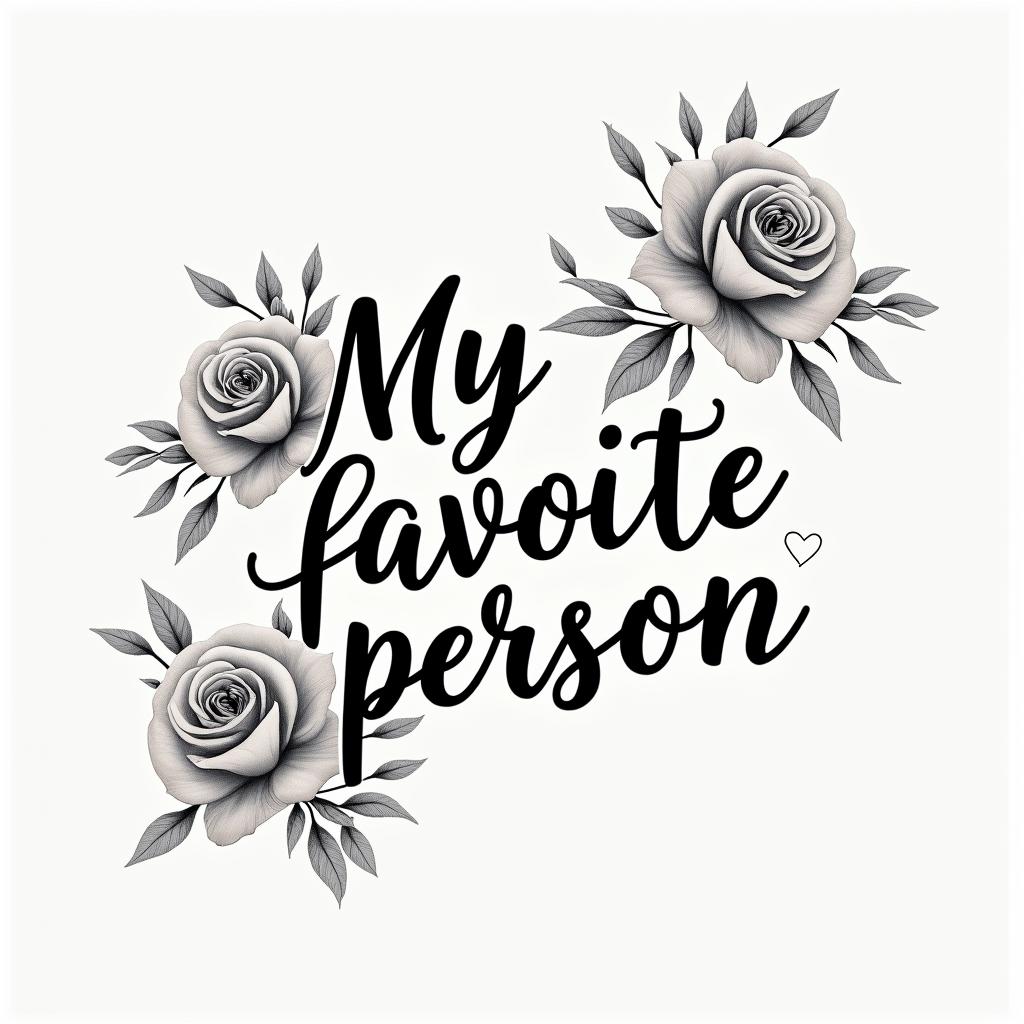 “My favorite person”in elegant cursive calligraphy style 2d tattoo, decorate with roses, featuring a smooth and flowing handwritten script with slightly thickened strokes for a luxurious and bold appearance,  heart symbol between names,  sleek and glossy black text with shadowing, minimalist matte white background, clean and sharp edges, illuminated with soft lighting, romantic, 8k, high-quality textures with refined typography - Variation 11