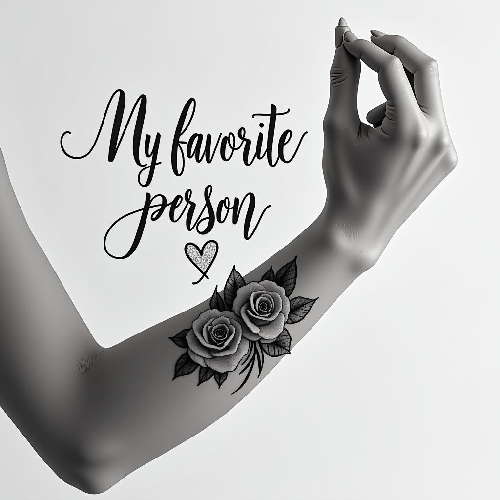 “My favorite person”in elegant cursive calligraphy style 2d tattoo, decorate with roses, featuring a smooth and flowing handwritten script with slightly thickened strokes for a luxurious and bold appearance,  heart symbol between names,  sleek and glossy black text with shadowing, minimalist matte white background, clean and sharp edges, illuminated with soft lighting, romantic, 8k, high-quality textures with refined typography - Variation 9