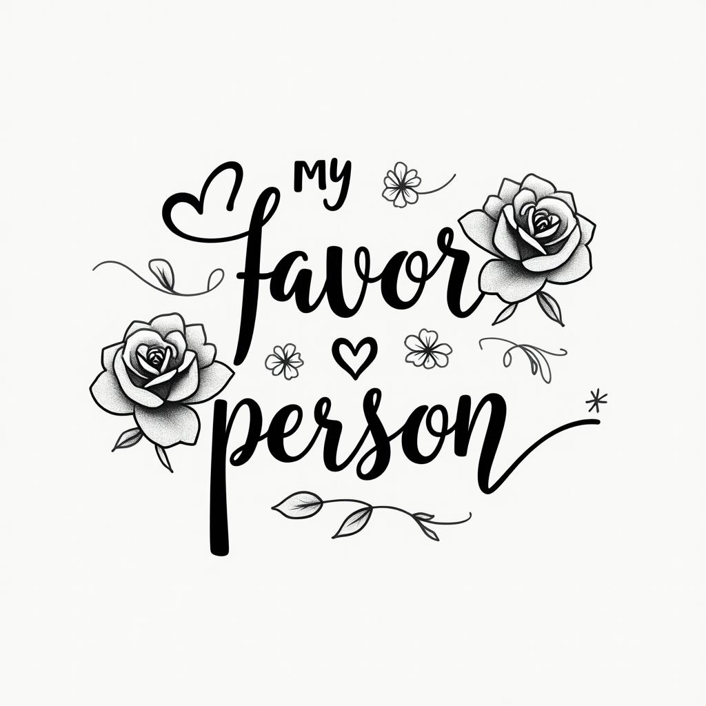 “My favorite person”in elegant cursive calligraphy style 2d tattoo, decorate with roses, featuring a smooth and flowing handwritten script with slightly thickened strokes for a luxurious and bold appearance,  heart symbol between names,  sleek and glossy black text with shadowing, minimalist matte white background, clean and sharp edges, illuminated with soft lighting, romantic, 8k, high-quality textures with refined typography - Variation 10