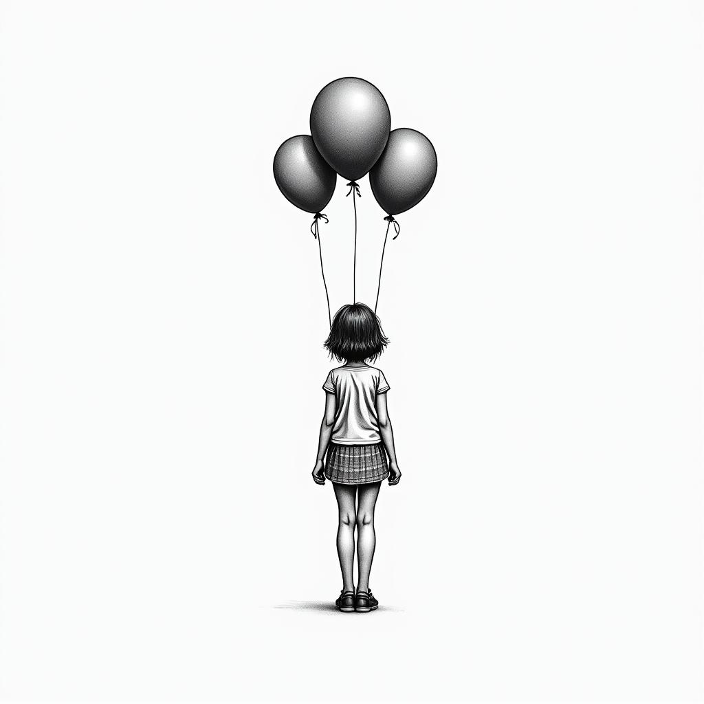 A girl with balloons tied to her shirt
in minimalist style tattoo, featuring simple shapes and fine lines, with minimal shading and details, tiny triangles, creating a sense of balance and harmony - Variation 7