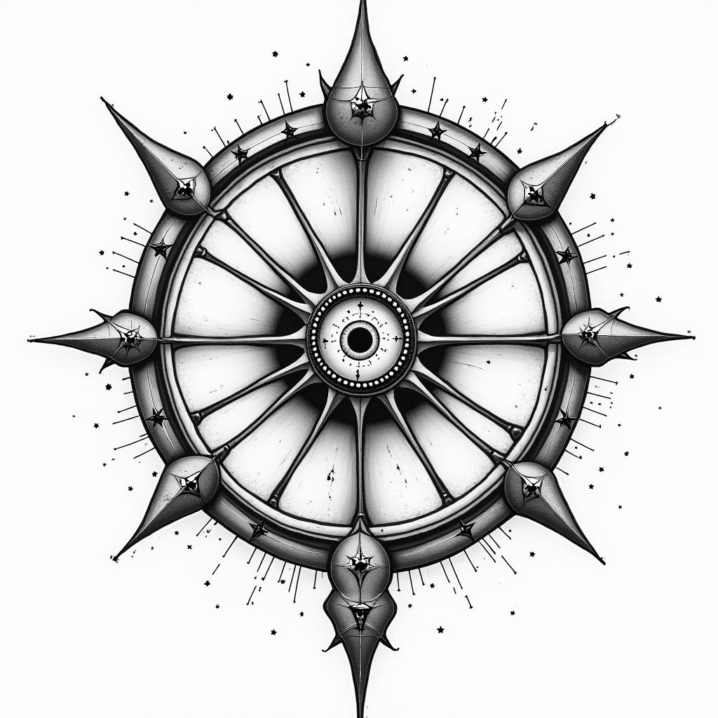 Broken clockin prophecy tattoo style, featuring mystical symbols, celestial imagery like stars, moons, suns, geometric patterns, foretelling elements, an eye of wisdom - Variation 4