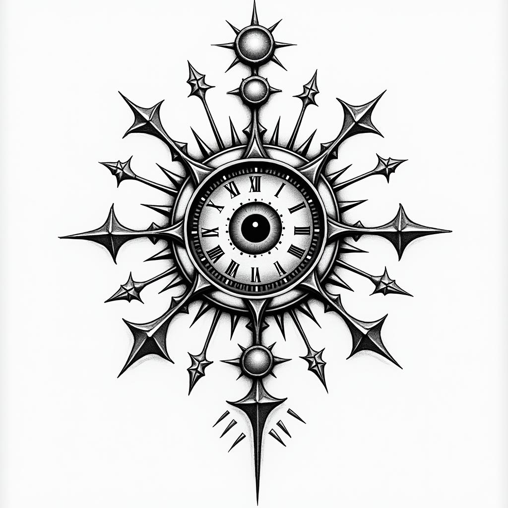 Broken clockin prophecy tattoo style, featuring mystical symbols, celestial imagery like stars, moons, suns, geometric patterns, foretelling elements, an eye of wisdom - Variation 2
