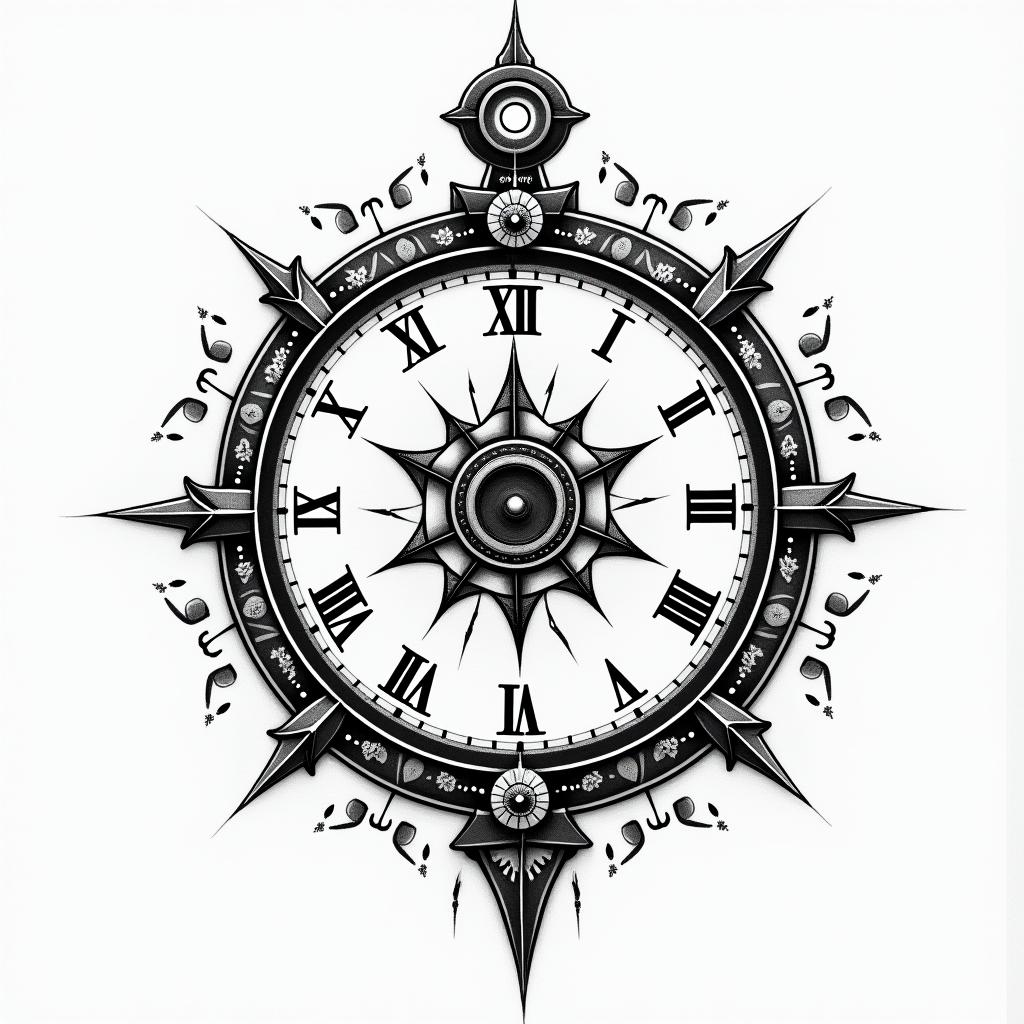 Broken clockin prophecy tattoo style, featuring mystical symbols, celestial imagery like stars, moons, suns, geometric patterns, foretelling elements, an eye of wisdom - Variation 3