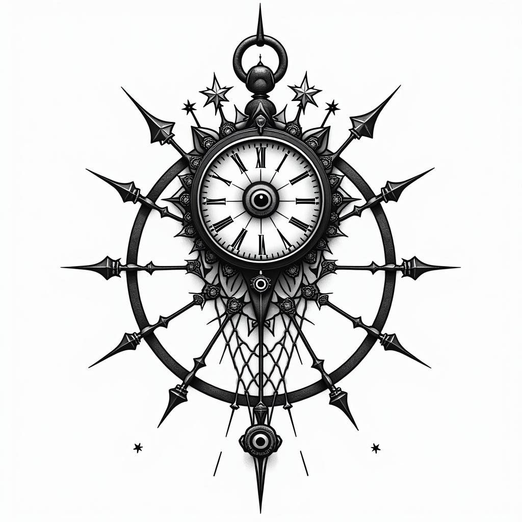 Broken clockin prophecy tattoo style, featuring mystical symbols, celestial imagery like stars, moons, suns, geometric patterns, foretelling elements, an eye of wisdom