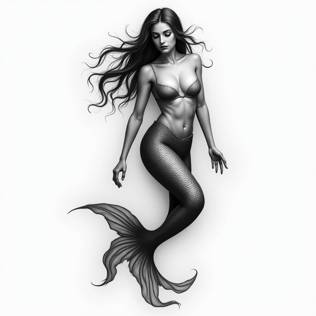 Mermaidin portrait tattoo style, featuring a highly realistic and detailed depiction - Variation 2
