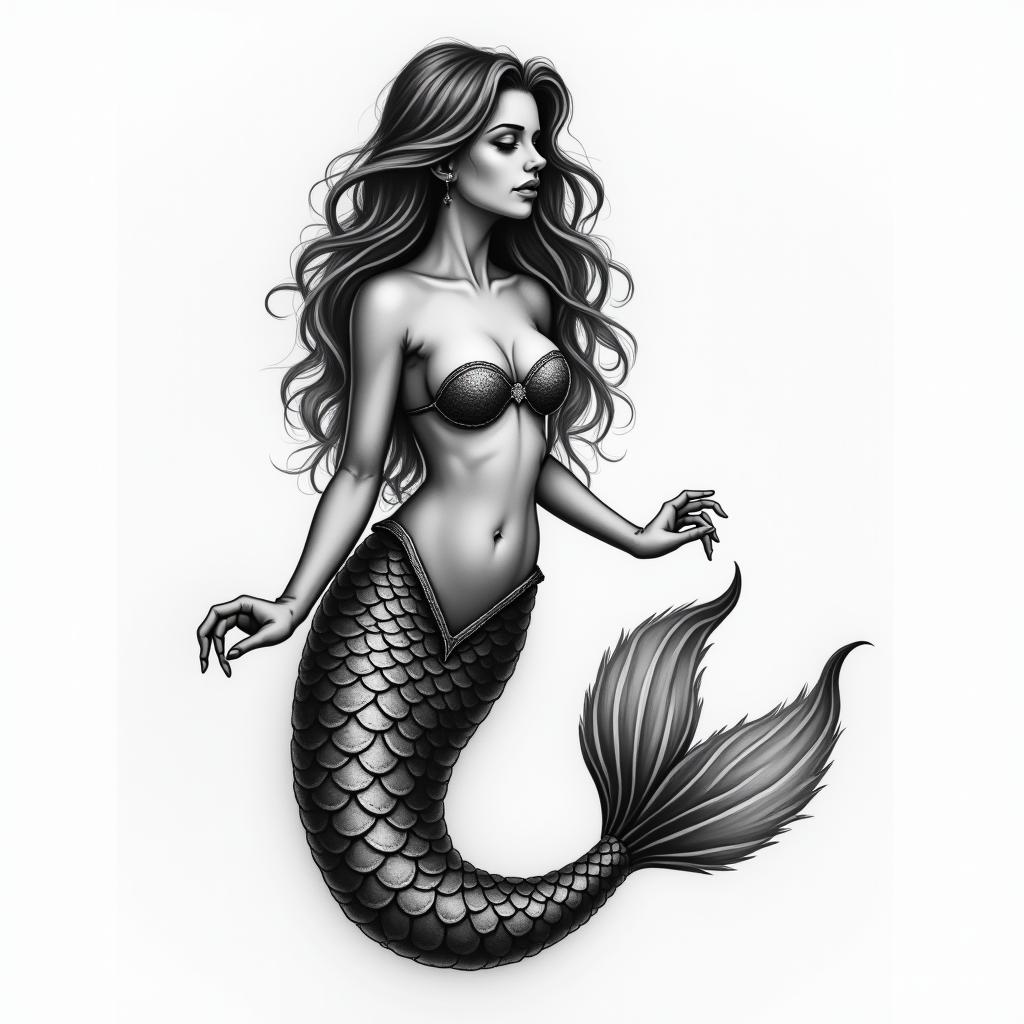 Mermaidin portrait tattoo style, featuring a highly realistic and detailed depiction 