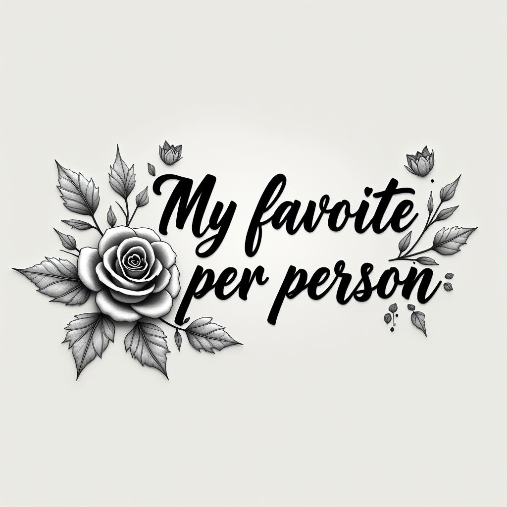 “My favorite person”in elegant cursive calligraphy style 2d tattoo, decorate with roses, featuring a smooth and flowing handwritten script with slightly thickened strokes for a luxurious and bold appearance,  heart symbol between names,  sleek and glossy black text with shadowing, minimalist matte white background, clean and sharp edges, illuminated with soft lighting, romantic, 8k, high-quality textures with refined typography - Variation 6