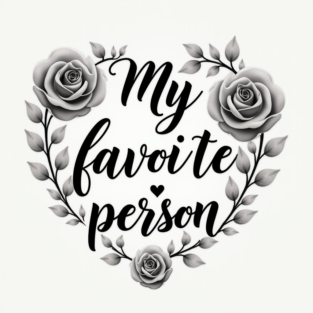 “My favorite person”in elegant cursive calligraphy style 2d tattoo, decorate with roses, featuring a smooth and flowing handwritten script with slightly thickened strokes for a luxurious and bold appearance,  heart symbol between names,  sleek and glossy black text with shadowing, minimalist matte white background, clean and sharp edges, illuminated with soft lighting, romantic, 8k, high-quality textures with refined typography - Variation 8