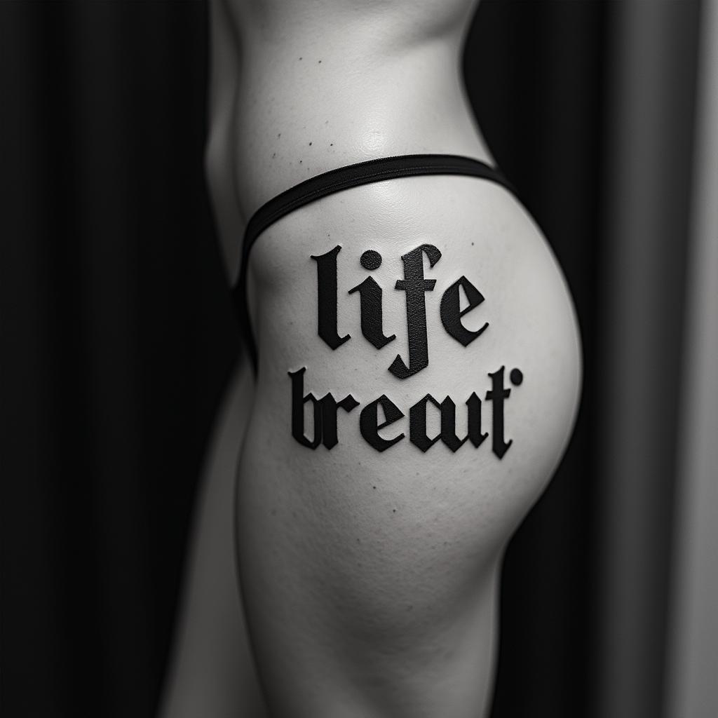 Life is beautifultext-based tattoo, gothic font ultra-realistic, perfectly placed, high-quality font design, photo-realistic shading, 8k, high quality, finely detailed typography - Variation 4