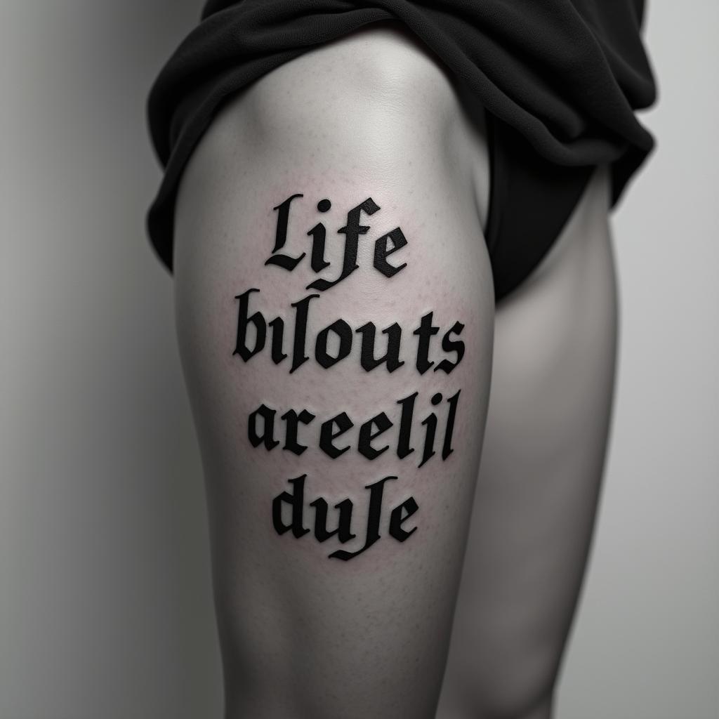 Life is beautifultext-based tattoo, gothic font ultra-realistic, perfectly placed, high-quality font design, photo-realistic shading, 8k, high quality, finely detailed typography - Variation 3