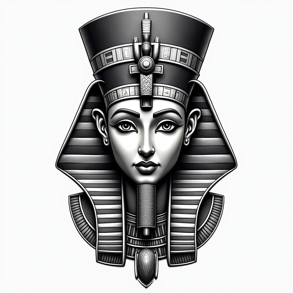 Areli Geminiin egyptian style tattoo, bold elements of ancient egyptian culture including a portrait of an Egyptian pharaoh with detailed facial features, in hieroglyphs and symbolic imagery, eye of horus, ankh symbol, scarab beetle - Variation 1
