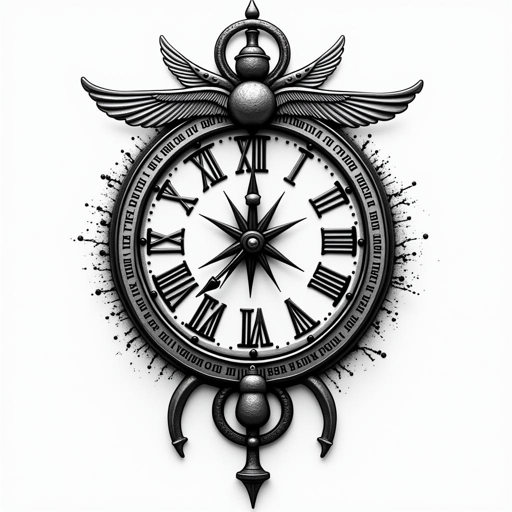 Broken clockin egyptian style tattoo, bold elements of ancient egyptian culture including a portrait of an Egyptian pharaoh with detailed facial features, in hieroglyphs and symbolic imagery, eye of horus, ankh symbol, scarab beetle - Variation 2