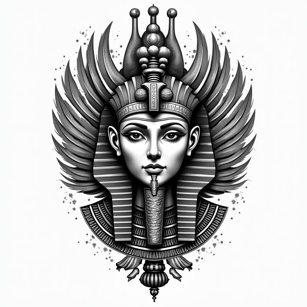 Broken clockin egyptian style tattoo, bold elements of ancient egyptian culture including a portrait of an Egyptian pharaoh with detailed facial features, in hieroglyphs and symbolic imagery, eye of horus, ankh symbol, scarab beetle