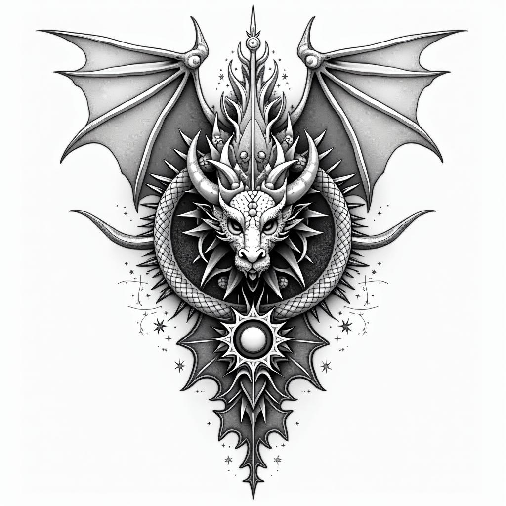 Lightweight Dragon battle 
armorin prophecy tattoo style, featuring mystical symbols, celestial imagery like stars, moons, suns, geometric patterns, foretelling elements, an eye of wisdom - Variation 2