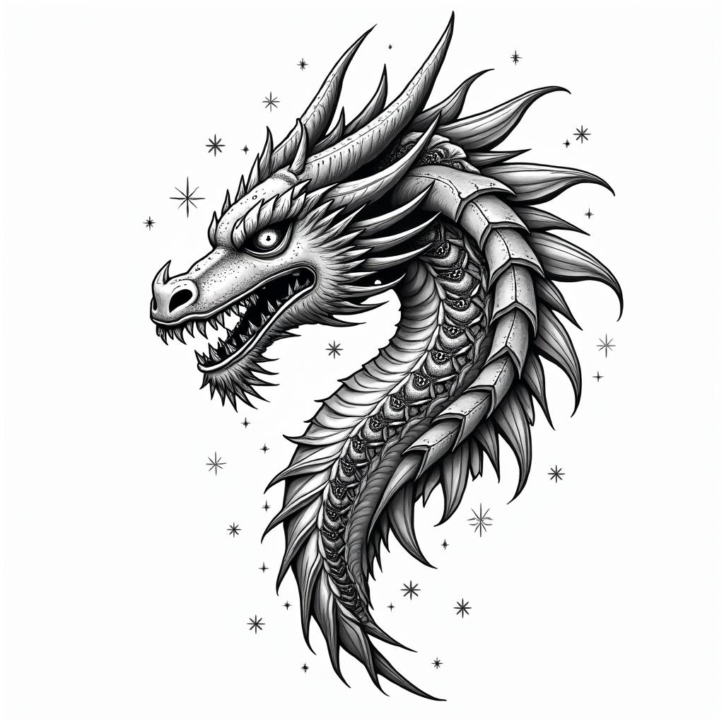 Lightweight Dragon battle 
armorin prophecy tattoo style, featuring mystical symbols, celestial imagery like stars, moons, suns, geometric patterns, foretelling elements, an eye of wisdom