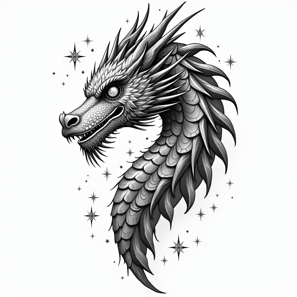 Lightweight Dragon battle 
armorin prophecy tattoo style, featuring mystical symbols, celestial imagery like stars, moons, suns, geometric patterns, foretelling elements, an eye of wisdom - Variation 3