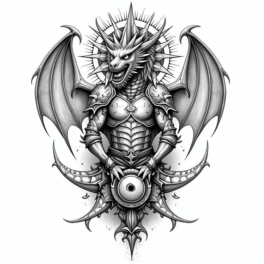Lightweight Dragon battle 
armorin prophecy tattoo style, featuring mystical symbols, celestial imagery like stars, moons, suns, geometric patterns, foretelling elements, an eye of wisdom - Variation 4