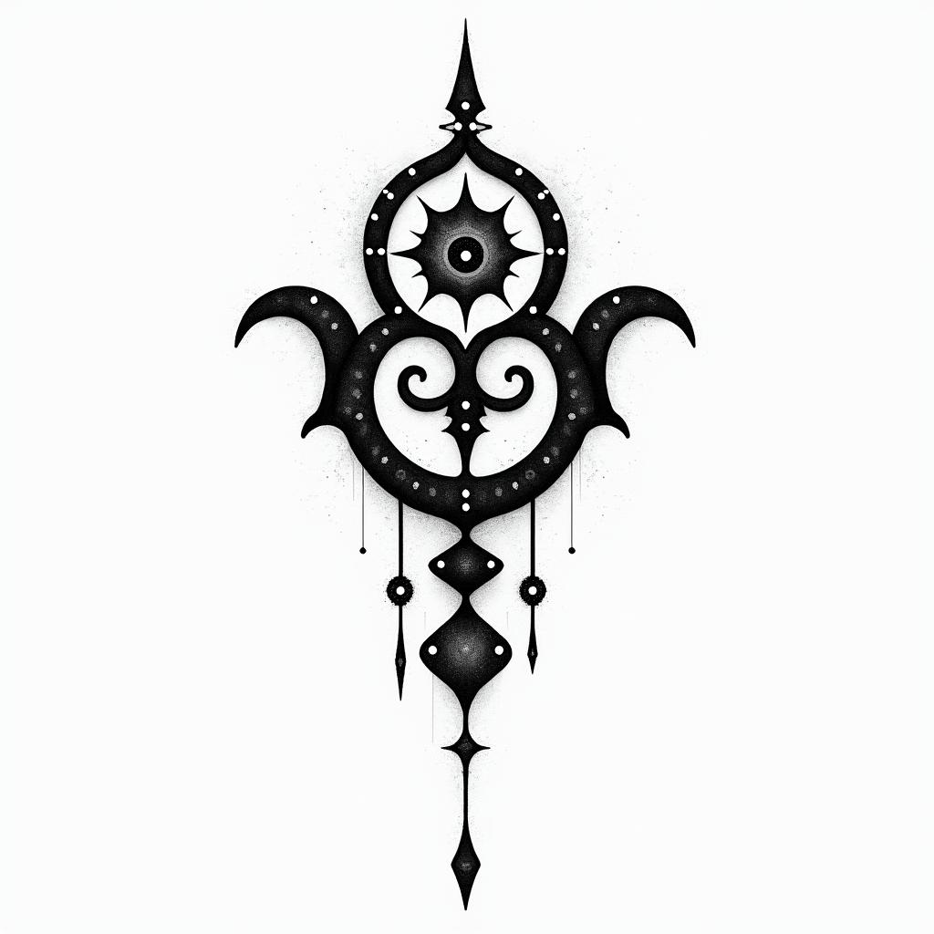 Virgoin spiritual symbols tattoo style, featuring an intricate design incorporating elements, Hamsa hand, third eye, minimalist composition - Variation 4
