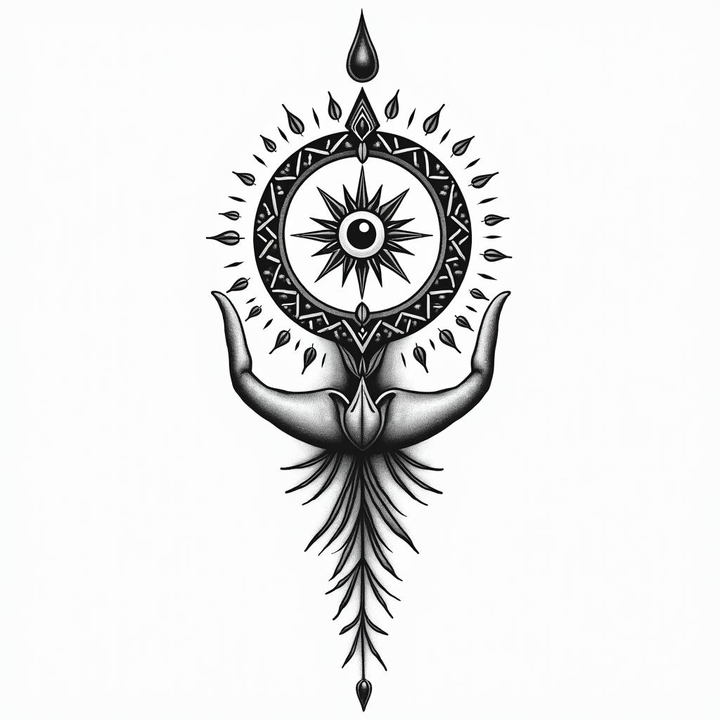 Virgoin spiritual symbols tattoo style, featuring an intricate design incorporating elements, Hamsa hand, third eye, minimalist composition - Variation 2