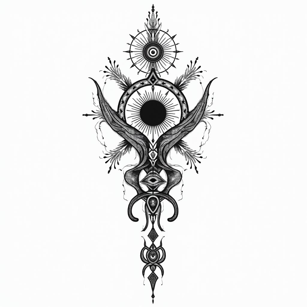 Virgoin spiritual symbols tattoo style, featuring an intricate design incorporating elements, Hamsa hand, third eye, minimalist composition - Variation 3