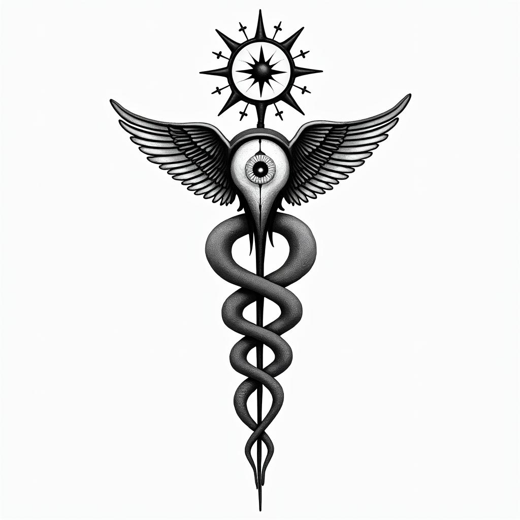 Virgoin spiritual symbols tattoo style, featuring an intricate design incorporating elements, Hamsa hand, third eye, minimalist composition - Variation 1