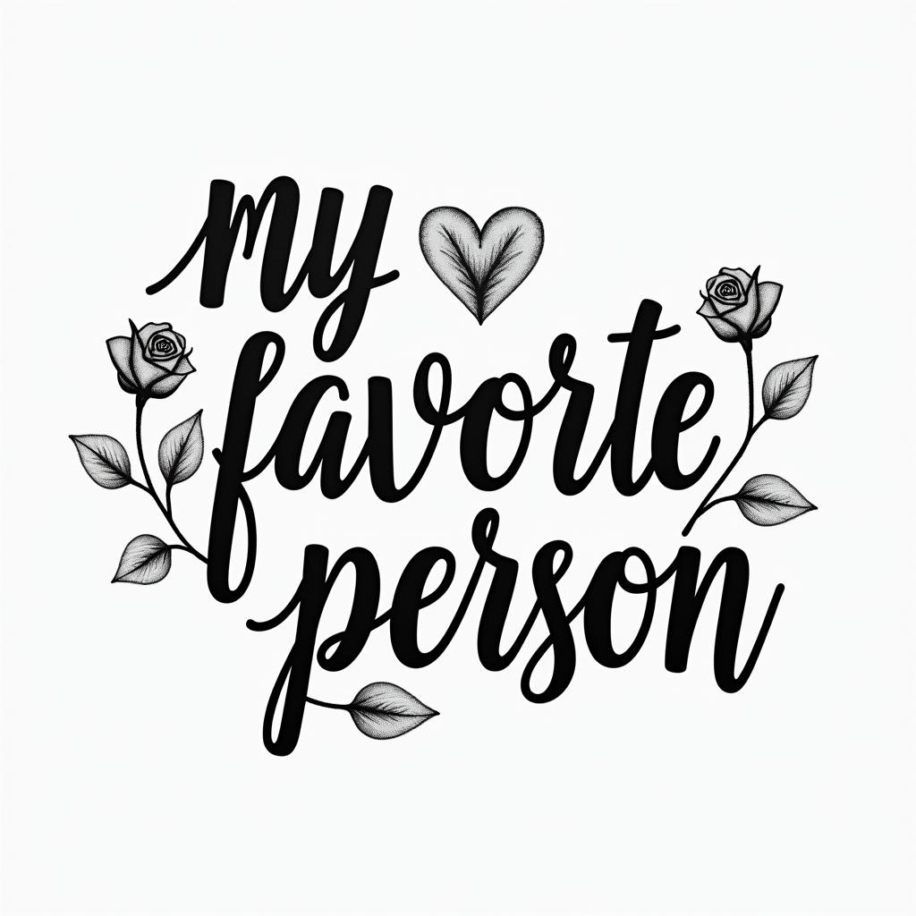 “My favorite person”in elegant cursive calligraphy style 2d tattoo, decorate with roses, featuring a smooth and flowing handwritten script with slightly thickened strokes for a luxurious and bold appearance,  heart symbol between names,  sleek and glossy black text with shadowing, minimalist matte white background, clean and sharp edges, illuminated with soft lighting, romantic, 8k, high-quality textures with refined typography - Variation 4