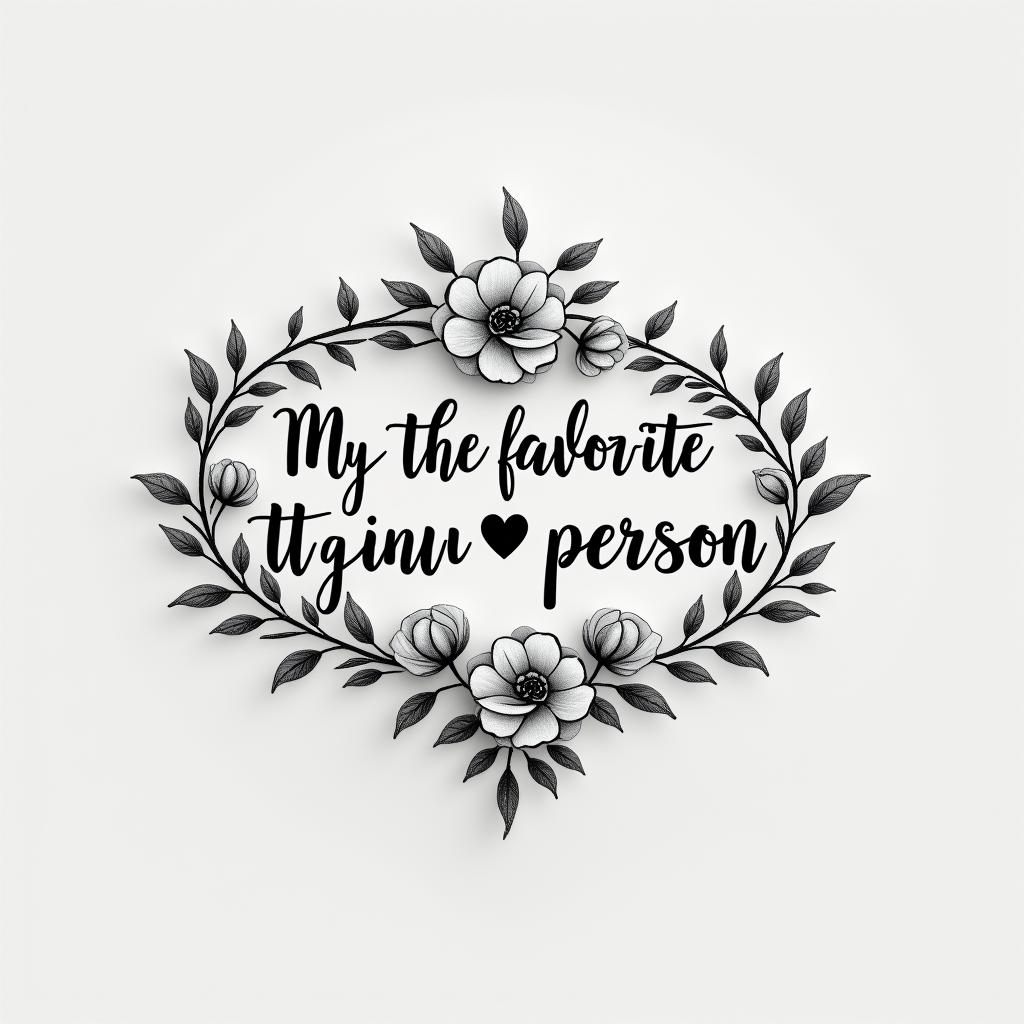 “My favorite person”in elegant cursive calligraphy style 2d tattoo, decorate with roses, featuring a smooth and flowing handwritten script with slightly thickened strokes for a luxurious and bold appearance,  heart symbol between names,  sleek and glossy black text with shadowing, minimalist matte white background, clean and sharp edges, illuminated with soft lighting, romantic, 8k, high-quality textures with refined typography
