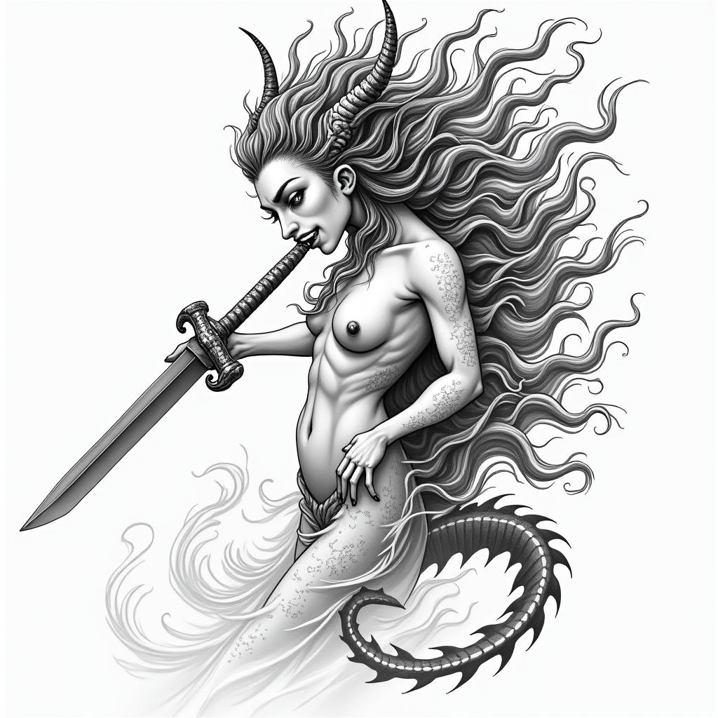 Goddess changing into a demon while licking a swordin japanese style tattoo, detailed tattoo, traditional japanese culture tattoo, mythology, 8k - Variation 2