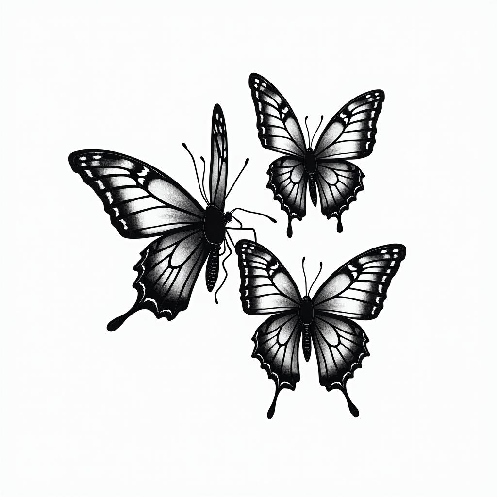 Three groovy butterflies with bold lineshigly detailed tattoo - Variation 3