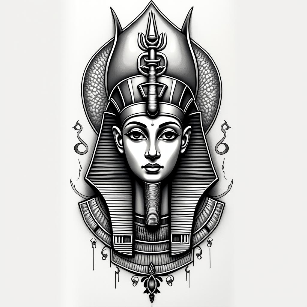 Rochel Libra Fayettevillein egyptian style tattoo, bold elements of ancient egyptian culture including a portrait of an Egyptian pharaoh with detailed facial features, in hieroglyphs and symbolic imagery, eye of horus, ankh symbol, scarab beetle - Variation 4