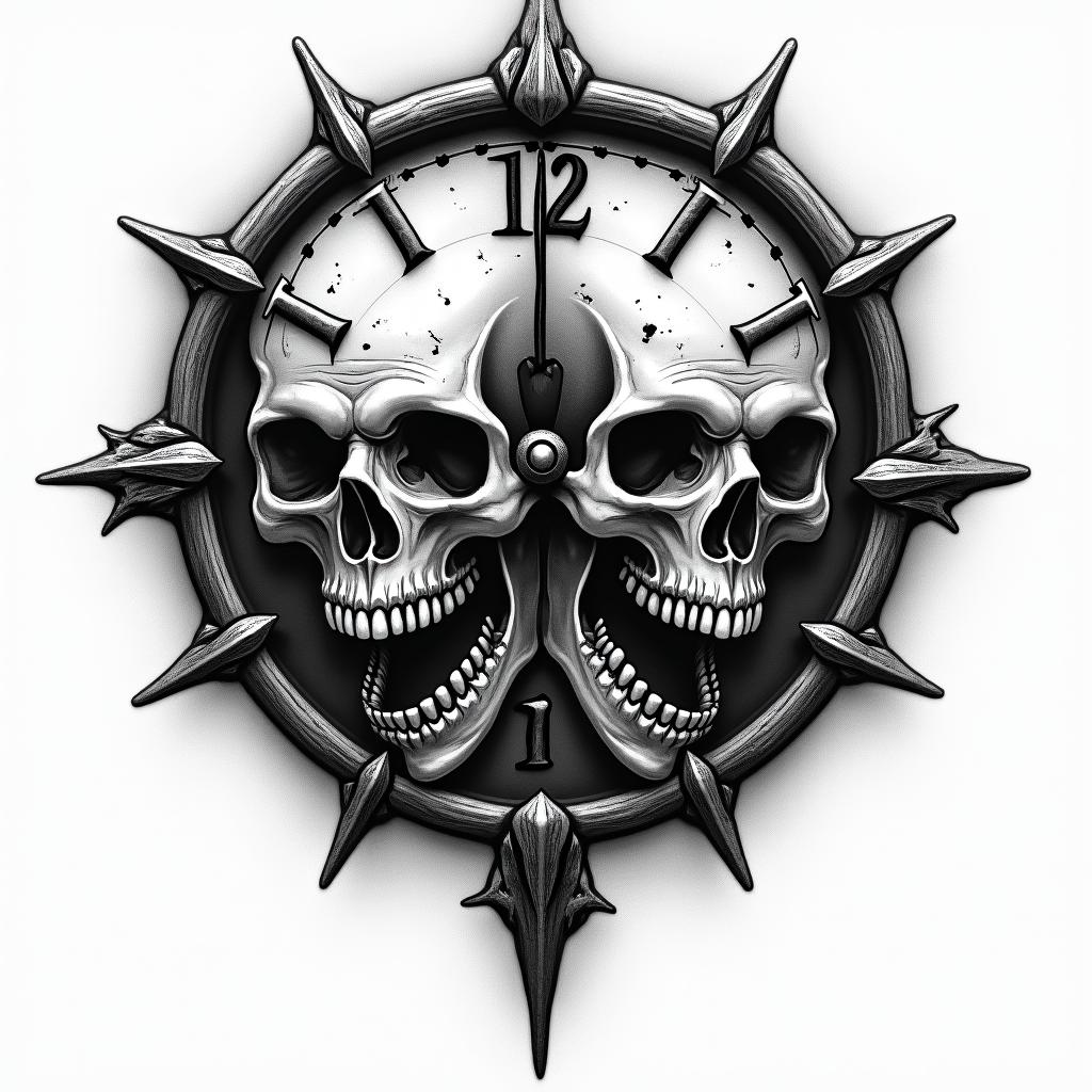 Broken clock in horror tattoo style, showcasing haunting and unsettling, dark and gritty textures with skulls, eerie faces, jgged designs, bold and intense shading
