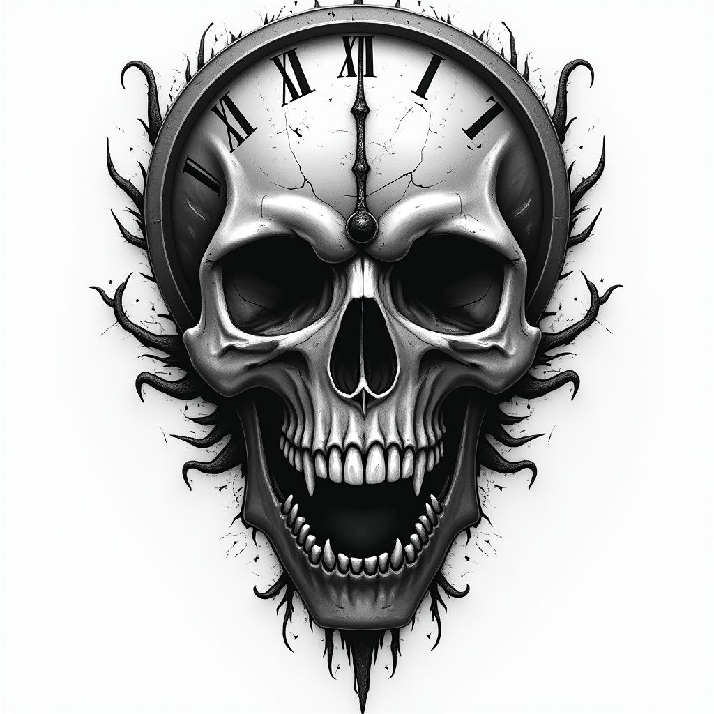 Broken clock in horror tattoo style, showcasing haunting and unsettling, dark and gritty textures with skulls, eerie faces, jgged designs, bold and intense shading - Variation 3