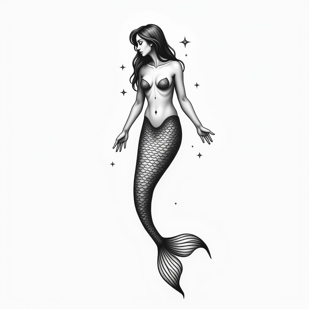 Mermaidin minimalist style tattoo, featuring simple shapes and fine lines, with minimal shading and details, tiny triangles, creating a sense of balance and harmony - Variation 3