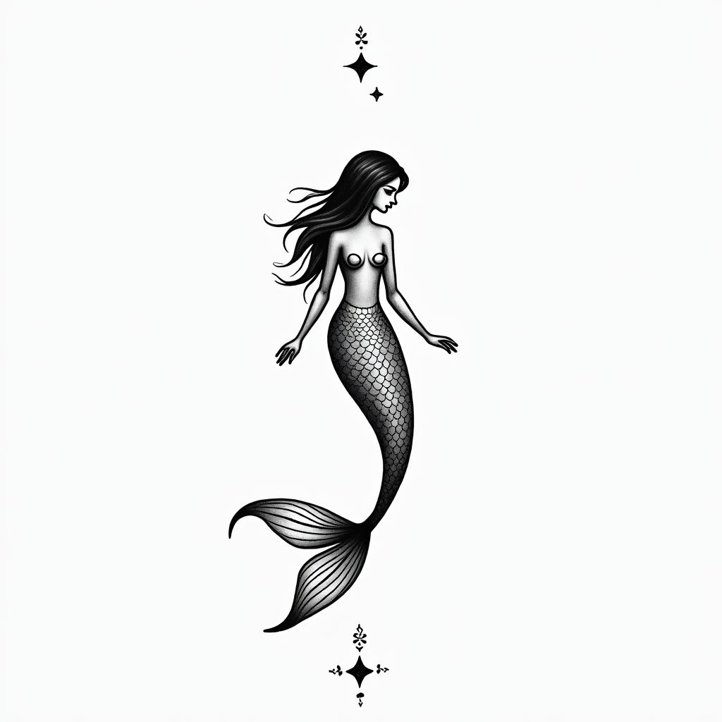 Mermaidin minimalist style tattoo, featuring simple shapes and fine lines, with minimal shading and details, tiny triangles, creating a sense of balance and harmony - Variation 2