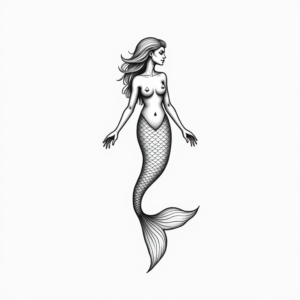 Mermaidin minimalist style tattoo, featuring simple shapes and fine lines, with minimal shading and details, tiny triangles, creating a sense of balance and harmony - Variation 4