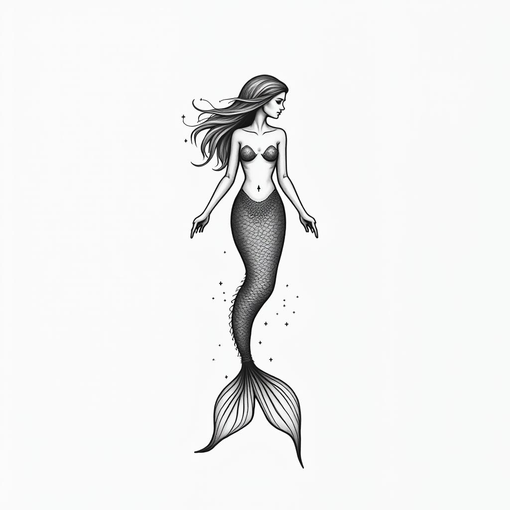 Mermaidin minimalist style tattoo, featuring simple shapes and fine lines, with minimal shading and details, tiny triangles, creating a sense of balance and harmony