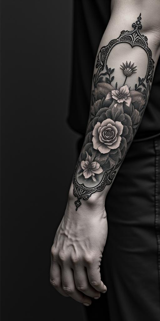 Victorian worrierin victorian style tattoo, featuring vintage and elegant elements, ornate frames, roses, antique, sepia-toned color scheme - Variation 2