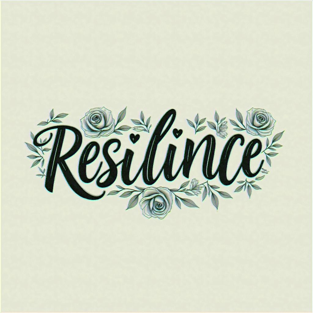Resiliencein elegant cursive calligraphy style 2d tattoo, decorate with roses, featuring a smooth and flowing handwritten script with slightly thickened strokes for a luxurious and bold appearance, heart symbol between names, sleek and glossy black text with shadowing, minimalist matte white background, clean and sharp edges, illuminated with soft lighting, romantic, 8k, high-quality textures with refined typography - Variation 4