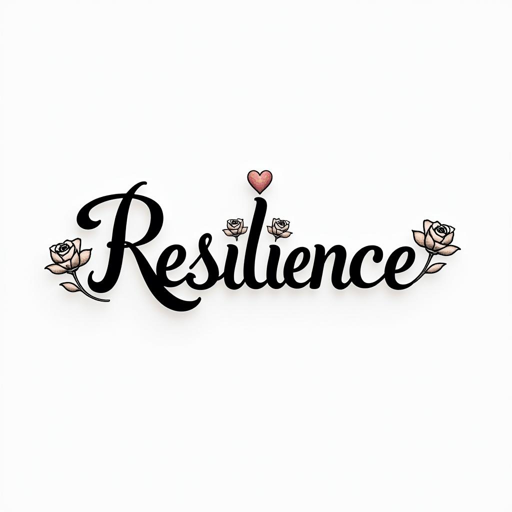 Resiliencein elegant cursive calligraphy style 2d tattoo, decorate with roses, featuring a smooth and flowing handwritten script with slightly thickened strokes for a luxurious and bold appearance, heart symbol between names, sleek and glossy black text with shadowing, minimalist matte white background, clean and sharp edges, illuminated with soft lighting, romantic, 8k, high-quality textures with refined typography - Variation 1