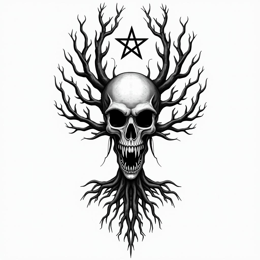 Tree of life with roots and branchescreepy horror tattoo style, featuring an eerie and unsettling skull of a demonic creature, distorted face with sharp fangs, add pentagram symbol - Variation 2