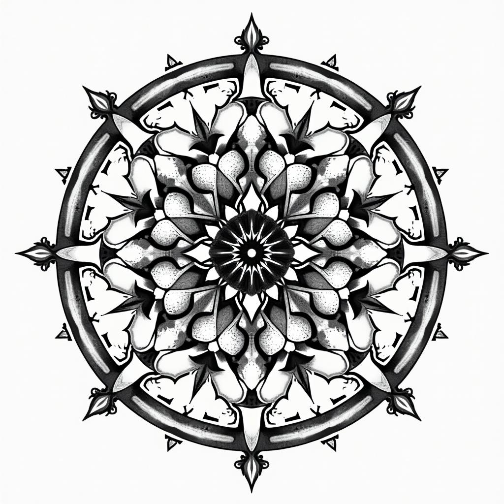 Broken clockin dotwork style tattoo, complex mandala patterns, interlocking geometric shapes with sharp symmetry, clean lines, sharp angles - Variation 4