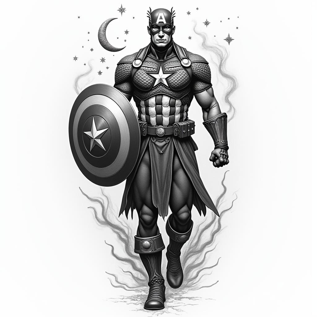 Captain America with his shield raisedin paganic style tattoo, featuring ancient symbols, add vegvisir symbol, mystical figures, incorporating designs, pentagrams, runes, crescent moons, - Variation 7