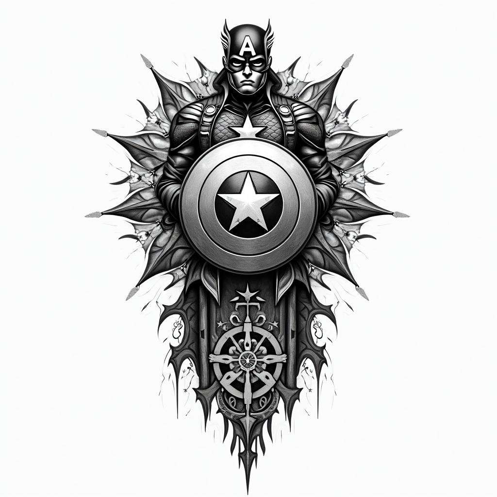 Captain America with his shield raisedin paganic style tattoo, featuring ancient symbols, add vegvisir symbol, mystical figures, incorporating designs, pentagrams, runes, crescent moons, - Variation 5